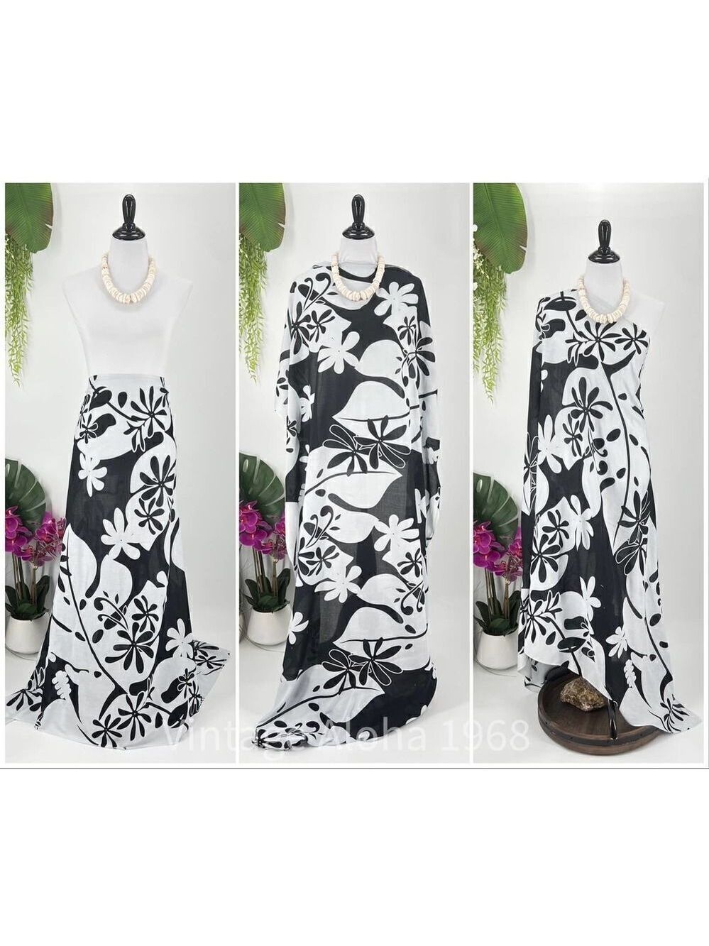 Black/White Tiare’ Monstera Tropical SARONG Kīkepa Pareo Beach Wrap Summer Scarf